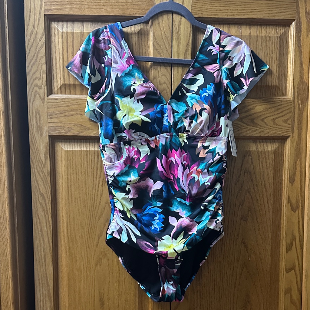 Macy's Swim Solutions Black One-Piece With Pink Floral Print